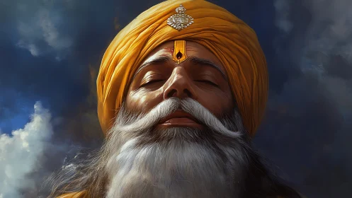Golden-turbaned elder in meditative close-up under stormy sky