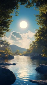 Radiant sun illuminates tranquil river and distant hills.