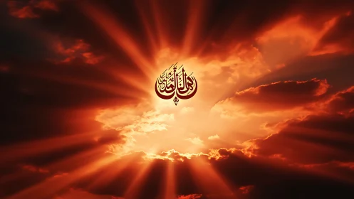 Digital painting of radiant sunset sky with Arabic calligraphy.