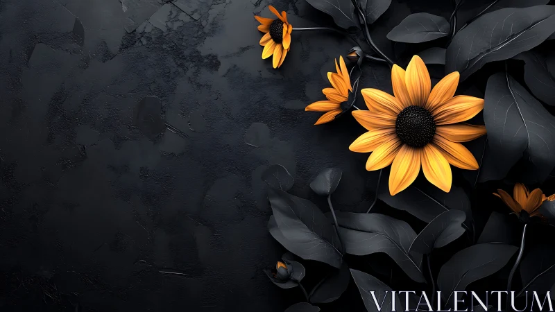 Sunflowers on Black Surface