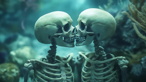 Underwater skeleton lovers share eternal skeletal kiss.