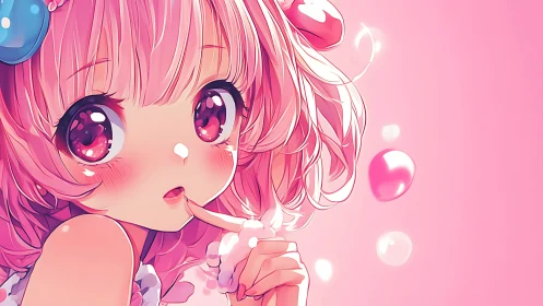 Candy pink anime girl with glossy eyes and pastel bubbles.