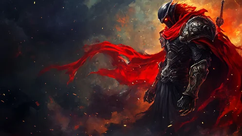Armored dark warrior stands in firelit smoke with red cloak