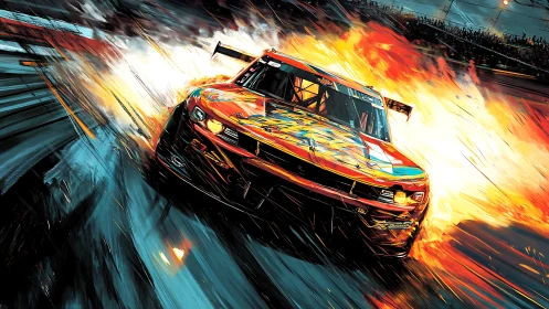 Flaming stock car races forward on a blazing speedway track.