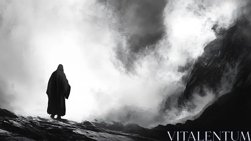 Solitary cloaked figure walks toward engulfing mountain fog