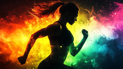 Silhouetted female runner cuts through explosive neon color field