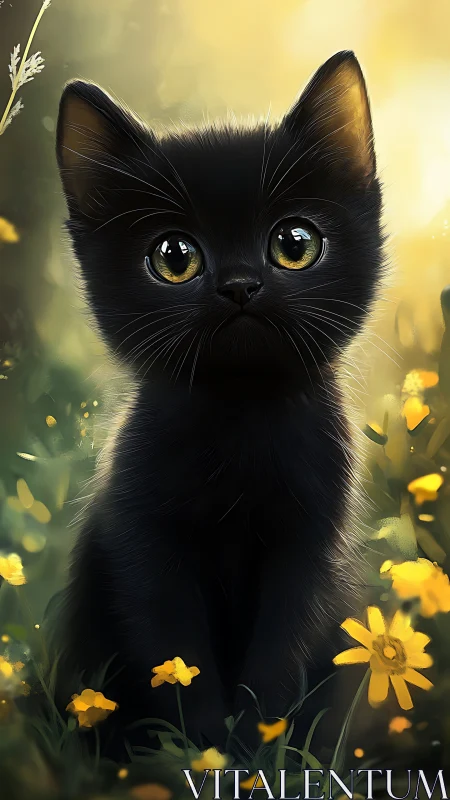 Black cat with golden eyes positioned among yellow flowers in soft light