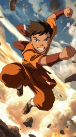 Young martial artist in midair punch amid flying debris.