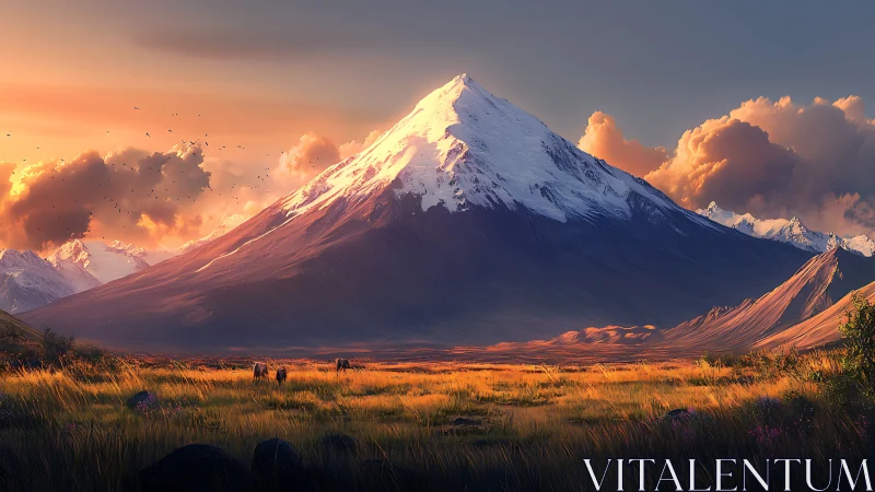 Snow-capped conical mountain rises over illuminated grassland