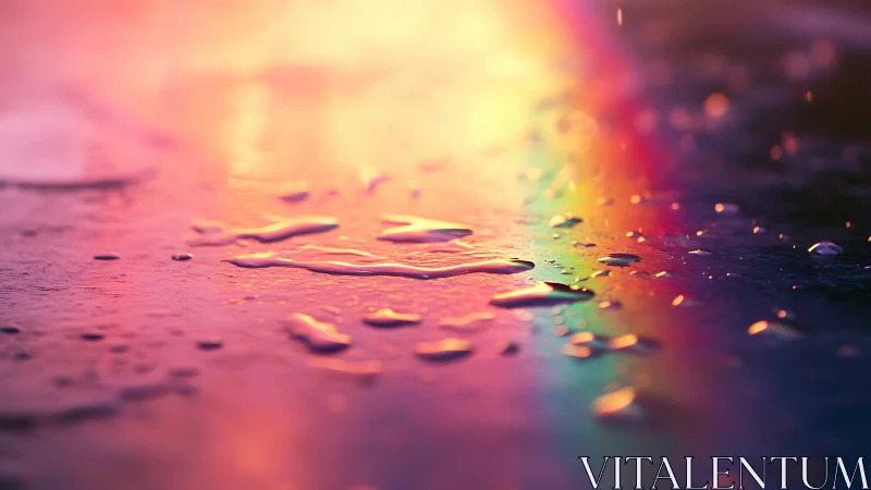 Rainbow puddle whispers under neon-touched twilight glow.