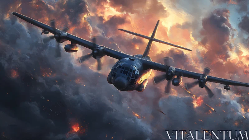 Turboprop gunship traversing incendiary cumulonimbus field.