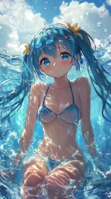 Blue-haired anime swimmer in sunlit crystalline water.