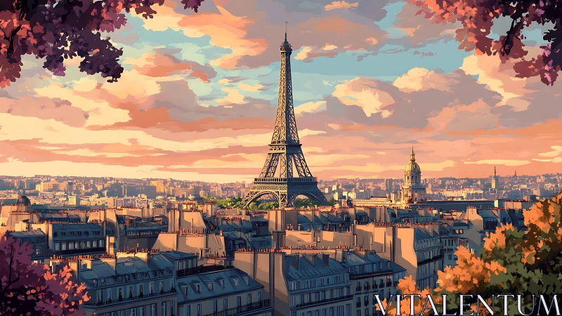 Eiffel Tower stands above Paris rooftops at colorful sunset