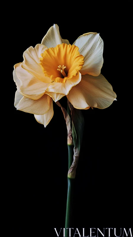 Golden daffodil with pale petals against black isolated background.