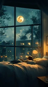 Night bedroom interior with figure viewing full moon outside.