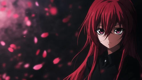 Red haired anime girl stands in drifting crimson petals