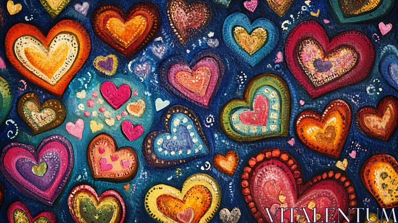 Layered Chromatic Hearts: Textured Acrylic Composition on Deep Blue Ground.