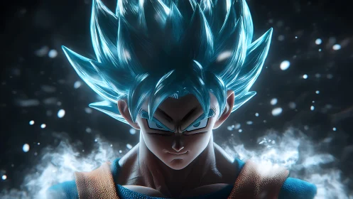 Blue‑haired energy warrior ignites in stormlit cosmic focus.