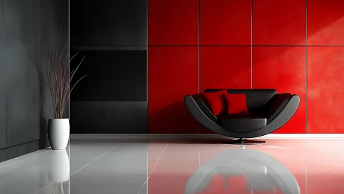Minimalist red black lounge with sculptural modern sofa.