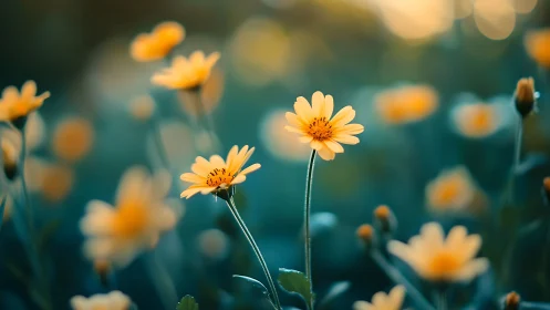 Yellow Daisies in Selective Focus with Teal-Toned Garden Background