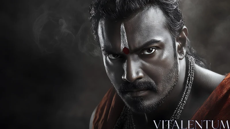 Intense warrior-priest glares through swirling incense smoke.