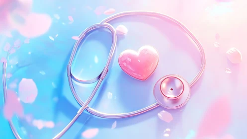Stethoscope curves around glossy pink heart on pastel surface