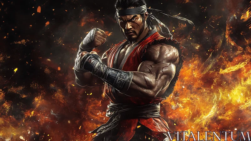 Fierce martial artist holds a powerful stance amid swirling fire