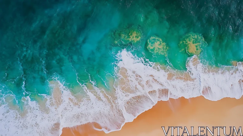 Overhead view shows breaking waves along uniform sandy coast
