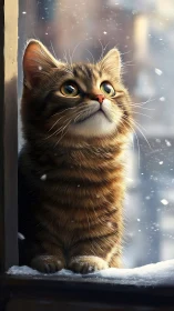 Tabby Cat Window Portrait in Winter Snow.