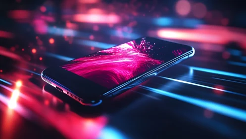 Glass smartphone amid neon light trails and energy sparks.