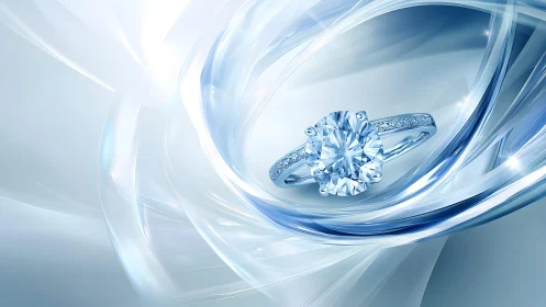 Diamond engagement ring on abstract blue silk background, digital art.