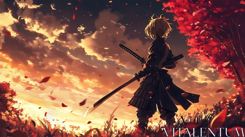 Samurai figure facing sunset sky in autumn field scene.