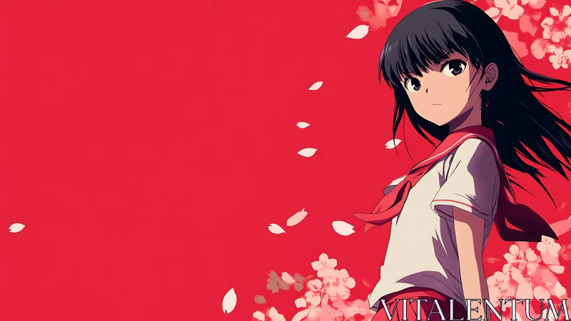 Anime girl stands against flat red background with petals