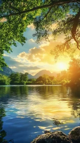 Golden hour mountain lake with luminous reflective water.