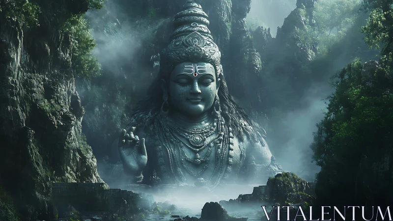 Majestic stone deity rests calmly within misty jungle cliffs