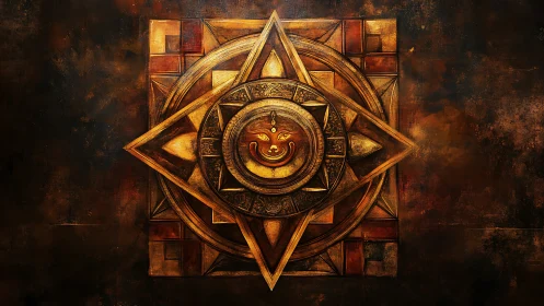 Burnished celestial sigil carved in layered golden geometry.