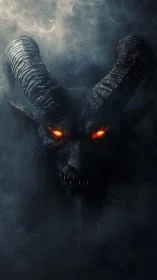 Demonic horned creature emerges from volumetric fog with emissive eyes