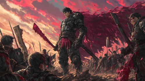 Blood-soaked warrior dominating a battlefield at dusk.