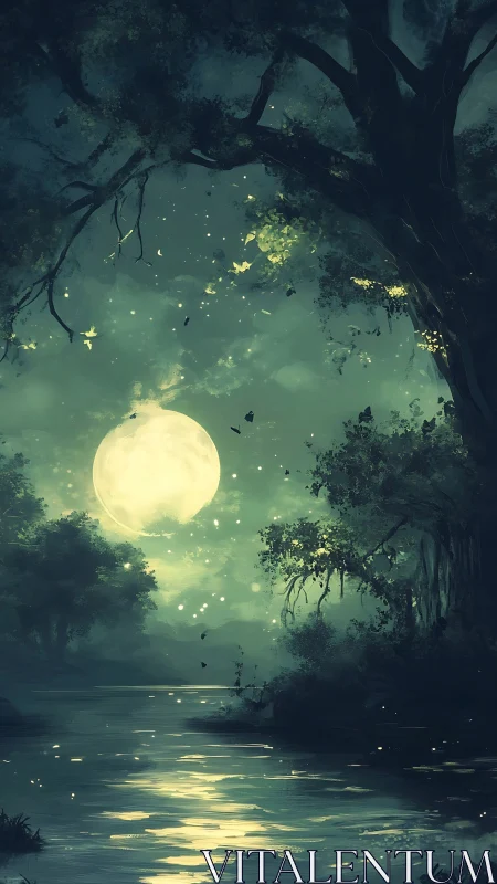 Moonlit river dreamscape beneath a softly glowing forest.