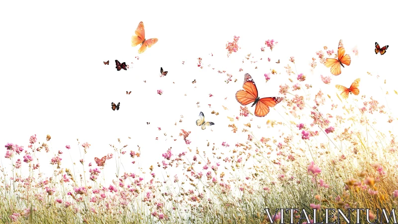 Orange butterflies over pink wildflower meadow on white