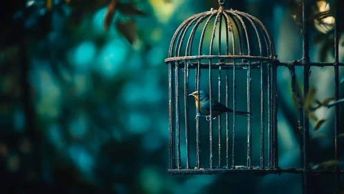 Small songbird in an old metal cage against teal bokeh.