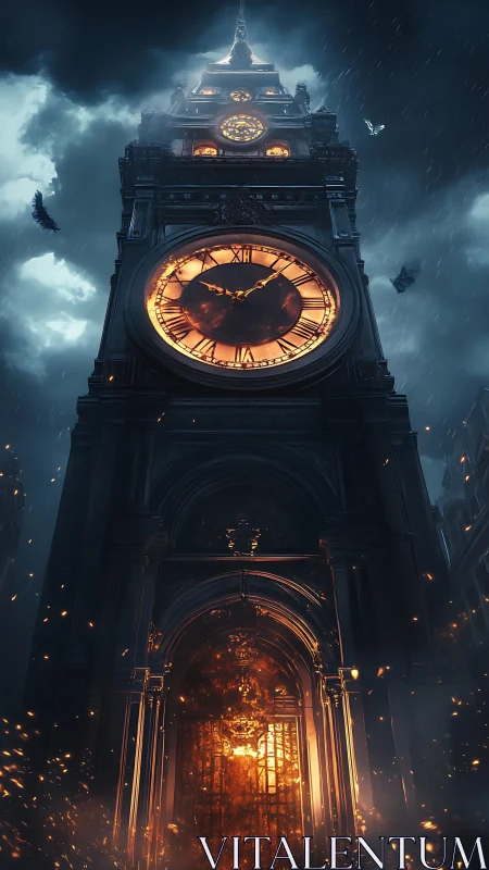Gothic clocktower engulfed in infernal cinematic flames.
