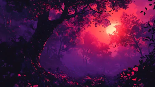 Neon Forest Dreamscape: Digital Ecosystem Bathed in Magenta Luminescence.
