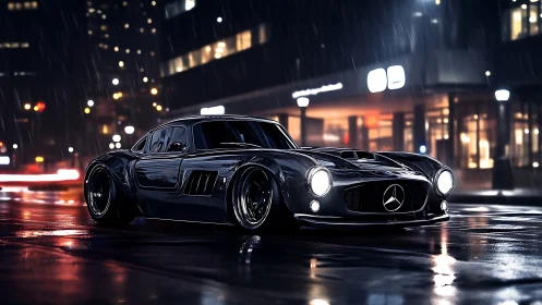 Low-slung Mercedes coupe rendered on wet night city street