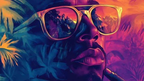 Neon tropical portrait renders reflective sunglasses in detail
