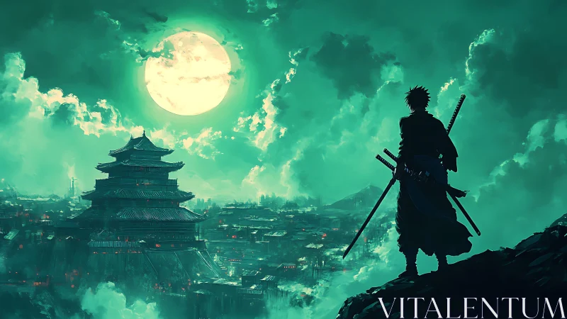 Moonlit ronin above jade-lit citadel, storm-brewing calm.