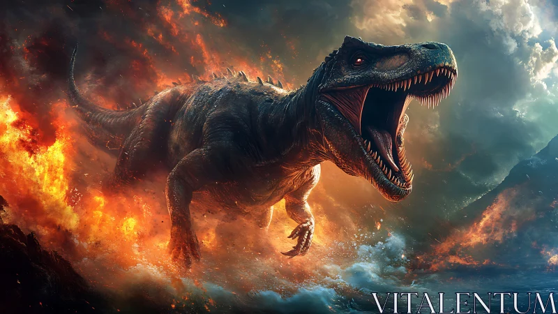 Digital tyrannosaur model stands amid fire and ocean spray