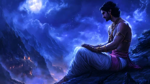 Moonlit mountain sage resting above a dreaming valley.