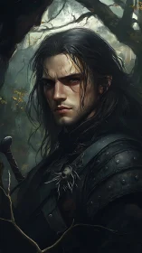Brooding dark-haired swordsman in storm-lit forest armor.