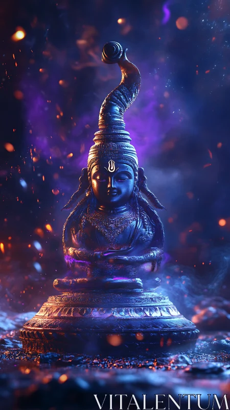Mystic deity statue amid violet embers and swirling smoke.